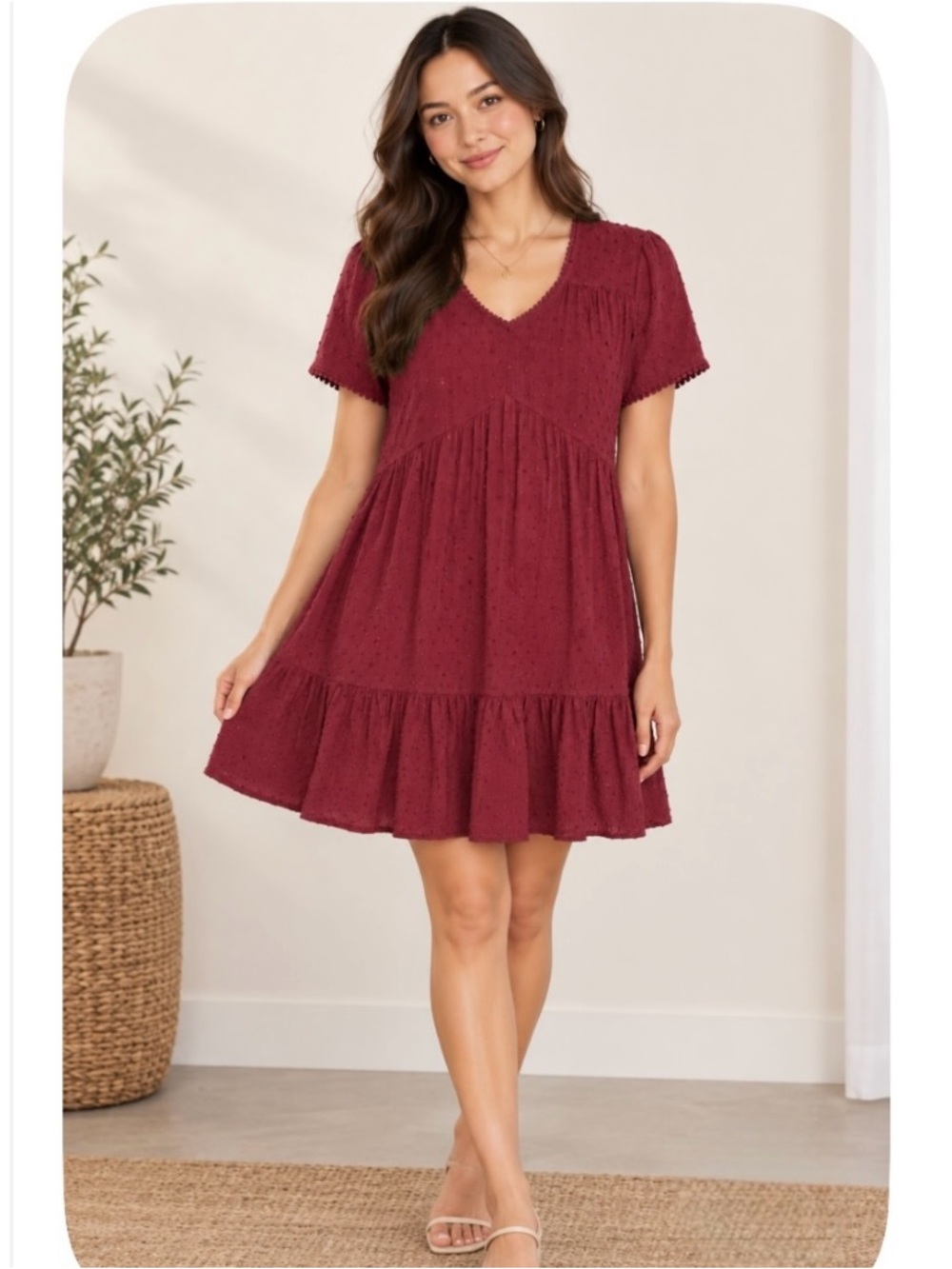 Knox Rose Dress Womens Small Red Short Sleeves V Neck Boho Holiday Swiss Dot NWT